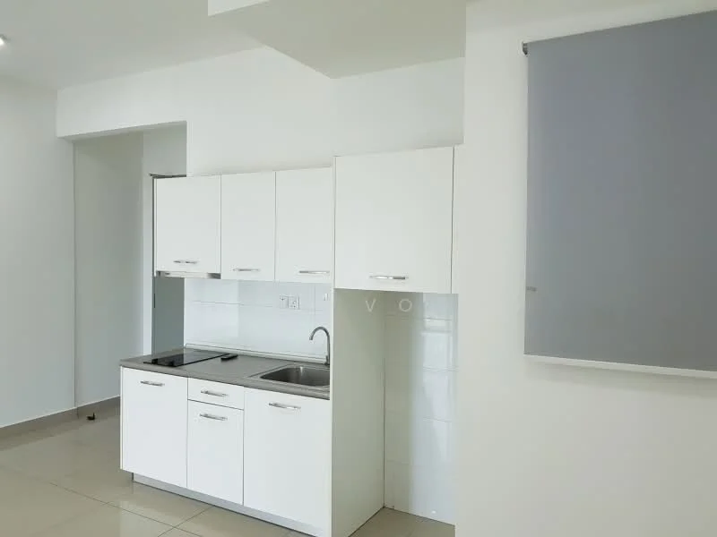 Kitchen features: white cabinetry, stainless-steel sink, chrome pull-down faucet, white tiled backsplash, ceramic tile flooring, recessed lighting, countertop space, built-in cabinets; style: modern.