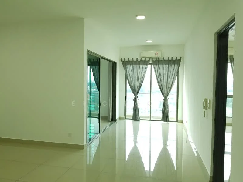 Living features: white painted walls, glossy ceramic tile flooring, floor-to-ceiling windows, sliding glass door, sheer curtains, recessed downlights, air conditioning unit, balcony access, natural light, open layout; style: modern; view: city.