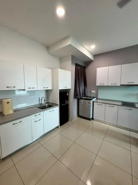 Kitchen features: white cabinetry, black refrigerator, stainless-steel sink, chrome faucet, grey accent wall, white tiled backsplash, ceramic tile flooring, under-cabinet lighting, built-in countertop, window with curtain; style: modern.