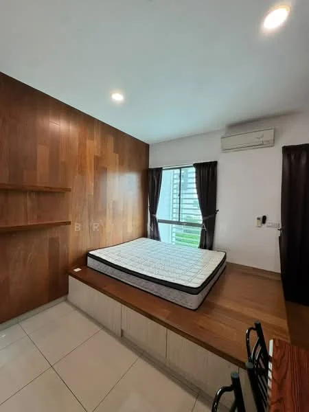 Bedroom features: wood panel accent wall, white painted walls, tile flooring, queen-size bed frame, mattress on bed frame, floor-to-ceiling window, blackout curtains, air conditioning unit, built-in shelving, wooden bedside table, study desk with chair; style: modern; view: garden.