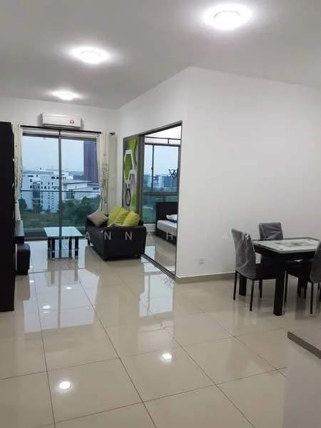 Living features: white painted walls, glossy tile flooring, recessed downlights, floor-to-ceiling windows, black sofa, glass coffee table, dining table with four chairs, air conditioning unit, green accent wall, curtains, view of city skyline; style: modern; view: city.