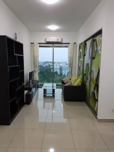 Living features: large floor-to-ceiling window, grey fabric sofa, glass coffee table, black TV console, decorative wall with geometric pattern, white painted walls, glossy tile flooring, wall-mounted air conditioning unit, sheer curtains, decorative plants, view of city skyline; style: modern; view: city.