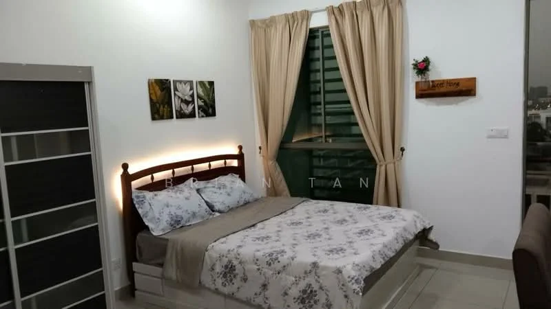 Bedroom features: queen-size bed with floral bedding, wooden headboard, two bedside tables, framed artwork on walls, light-colored curtains, floor-to-ceiling window, sliding mirror wardrobe, tile flooring, decorative wall shelf, wall-mounted plant decoration; style: modern; view: city.