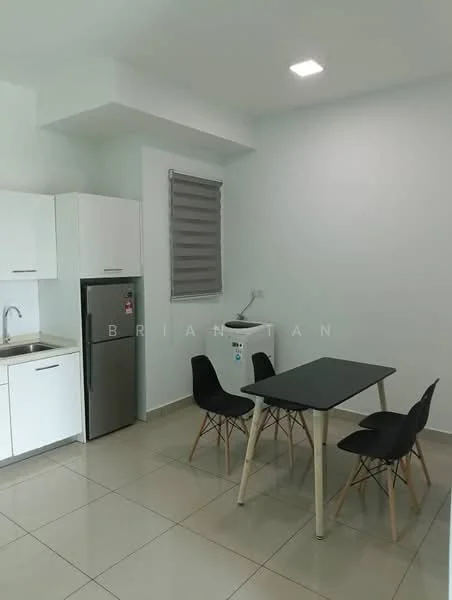 Kitchen features: white cabinetry, stainless-steel fridge, single-bowl stainless-steel sink, chrome pull-down faucet, ceramic tile flooring, grey dining table, 4 black dining chairs, window with roller blinds, washing machine, recessed ceiling lights; style: modern.