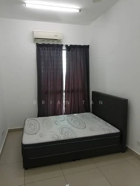 Bedroom features: queen-size bed, upholstered headboard, dark curtains, floor-to-ceiling window, wall-mounted split AC, tile flooring, white painted walls, ceiling lights; style: modern.