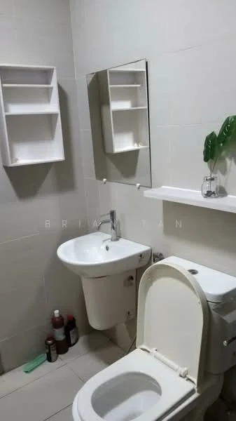 Bathroom features: white tiled walls, light grey tile flooring, single-sink vanity with white cabinet, chrome basin mixer faucet, framed mirror, one-piece toilet, shelf unit with three compartments, wall-mounted shelf, decorative plant in vase; style: modern.