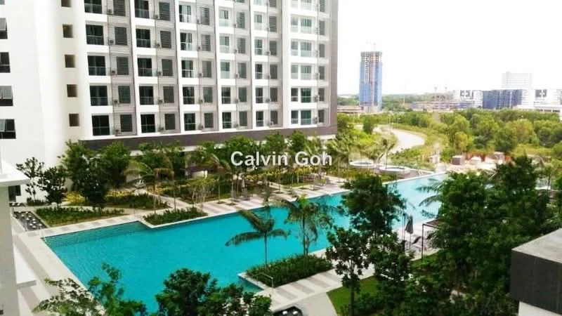 Exterior type: high-rise condominium; features: infinity pool, pool deck with loungers, landscaped garden, manicured lawn, palm trees, tropical landscaping, surrounded by greenery, modern facade with large windows; style: modern.