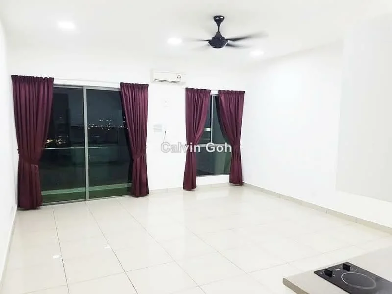Living features: white painted walls, glossy tile flooring, 5-blade ceiling fan, floor-to-ceiling sliding glass door, curtains in burgundy, city view from window, recessed lighting, open layout, kitchenette area with stove; style: modern; view: city.