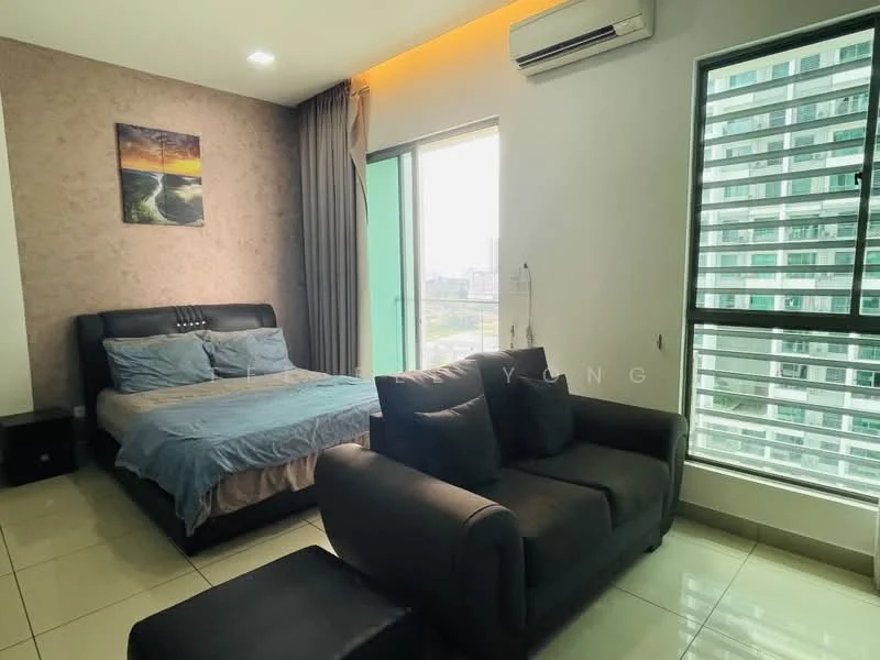 Bedroom features: king-size bed with upholstered headboard, bedside tables, sofa in dark grey fabric, floor-to-ceiling windows, sheer curtains, air conditioning unit, light-colored accent wall, tile flooring, decorative artwork on wall; style: modern; view: city.