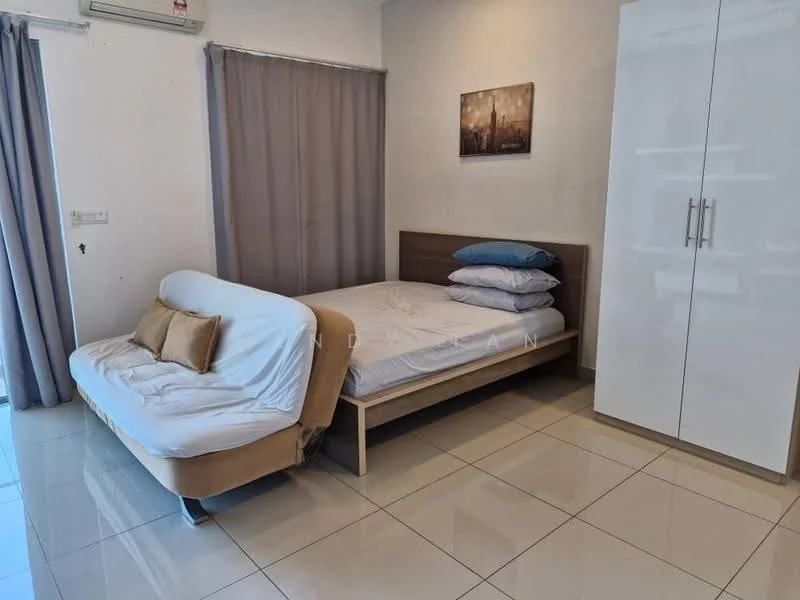 Bedroom features: queen-size bed, upholstered headboard, white bedding, 2 blue pillows, sofa bed in beige, floor-to-ceiling wardrobe in white, grey curtains, glossy tile flooring, wall-mounted air conditioning unit, framed artwork on wall; style: modern.
