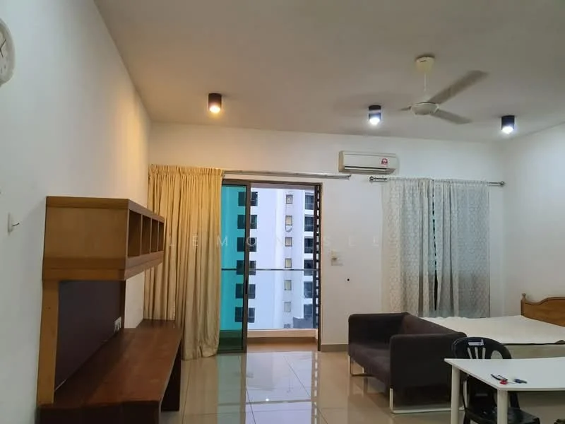 Living features: white painted walls, glossy tile flooring, 5-blade ceiling fan with light, wall-mounted split AC, curtains, sofa, wooden shelf unit, coffee table, floor-to-ceiling windows, sliding glass door, balcony view; style: modern; view: city.