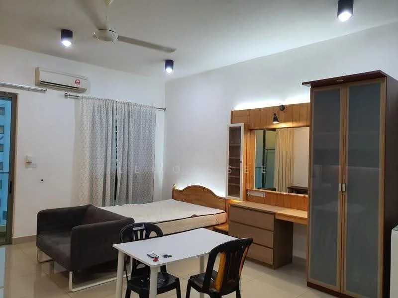 Room features: white painted walls, tile flooring, ceiling fan, recessed downlights, single bed frame, wooden dressing table with mirror, built-in wardrobe with glass doors, sofa in grey fabric, small dining table with chairs, curtains, air conditioning unit; style: modern.