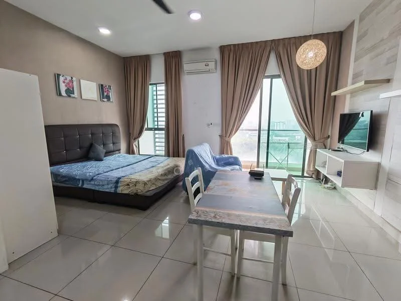 Living features: queen-size bed with upholstered headboard, 2-seater fabric sofa in blue, dining table with 4 chairs, floor-to-ceiling windows, curtains, TV console, wall-mounted TV, decorative light fixture, white painted walls, glossy tile flooring, air conditioning unit, decorative wall with stone cladding; style: modern; view: city.