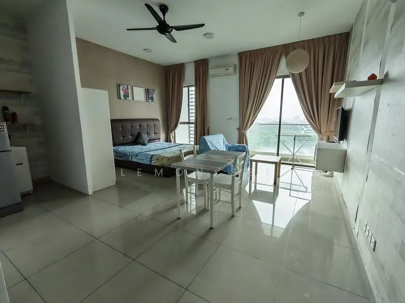 Living features: grey upholstered bed with headboard, 2-seater blue fabric sofa, white dining table with 4 chairs, floor-to-ceiling windows, curtains in beige, ceiling fan, wall-mounted TV, light-colored wall with decorative elements, glossy tile flooring, air conditioning unit; style: modern; view: city.