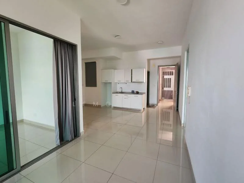 Living features: white painted walls, glossy tile flooring, floor-to-ceiling sliding glass door, grey curtains, recessed downlights; style: modern. Kitchen features: white cabinetry, single-bowl stainless-steel sink, chrome pull-down faucet, built-in stove, countertop space, open layout, tile backsplash; style: modern. Hallway features: white painted walls, glossy tile flooring, recessed downlights; style: modern.