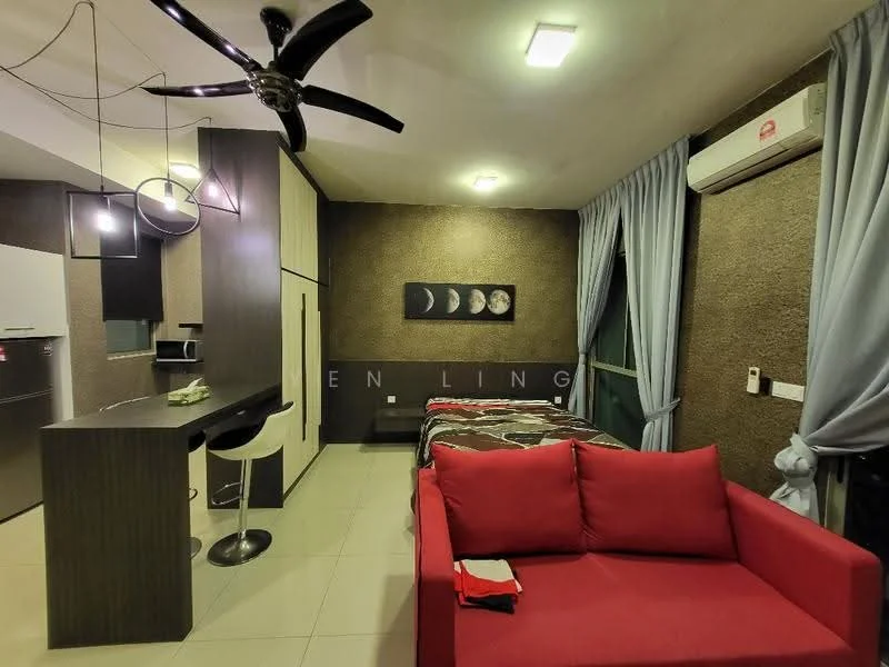 Living features: red fabric sofa, black bar stools, kitchenette with cabinets, stainless-steel fridge, wall-mounted split AC, 5-blade ceiling fan with light, white ceiling lights, grey curtains, decorative wall art, tile flooring, textured brown accent wall; style: modern.
