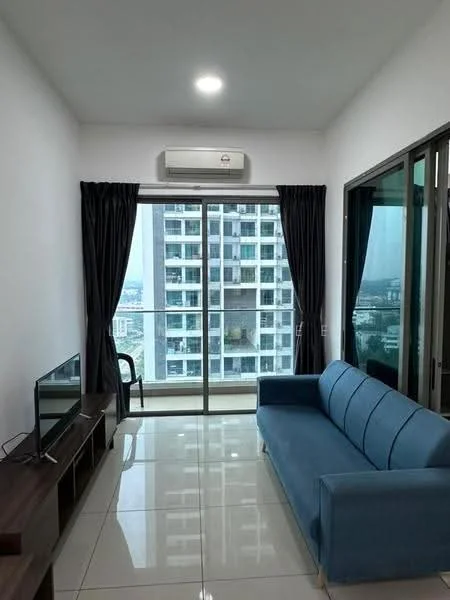 Living features: blue fabric sofa, wooden TV console, wall-mounted TV, floor-to-ceiling windows, sliding glass door, blackout curtains, white painted walls, glossy ceramic tile flooring, 1 wall-mounted split AC, area rug; style: modern; view: city.