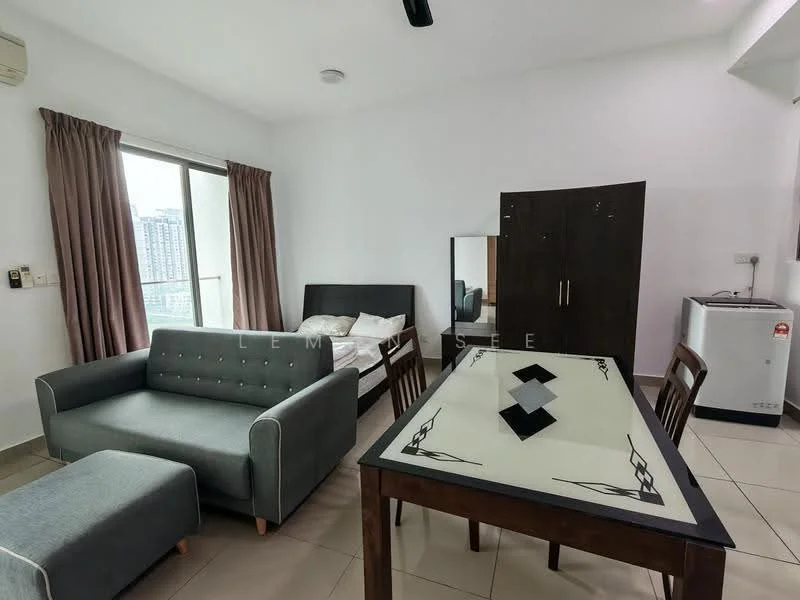 Living features: grey fabric 3-seater sofa, light grey ottoman, wooden dining table with black and white design, 4 wooden dining chairs, mirror on wall, dark wood cabinet, floor-to-ceiling window with city view, cream curtains, air conditioning unit, tile flooring; style: modern; view: city.