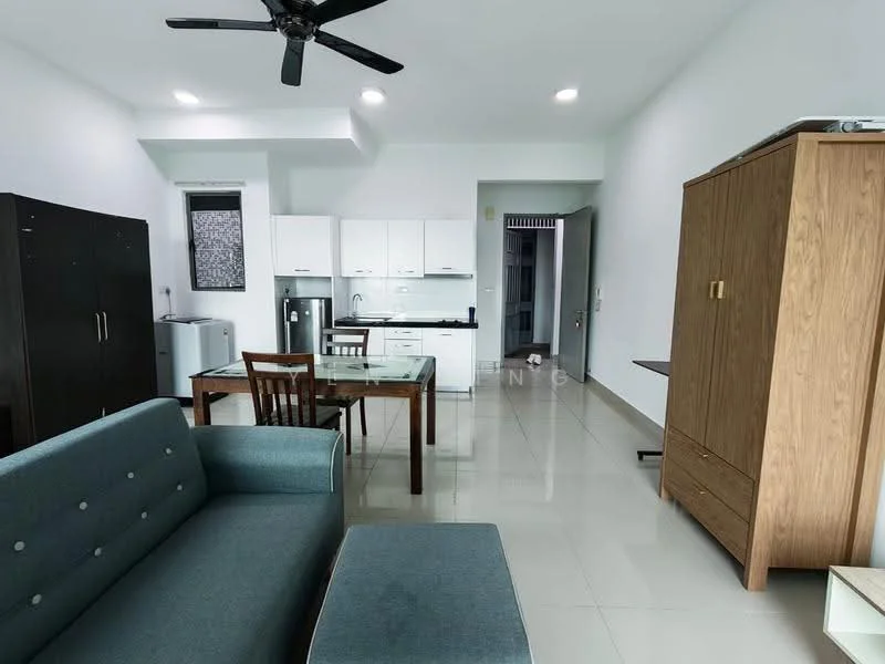 Living features: 3-seater fabric sofa in teal, wooden dining table for 4, 4 wooden dining chairs, black refrigerator, white cabinetry, black countertop, floor-to-ceiling window, ceiling fan, tile flooring, light-colored walls, wooden cabinet, open layout; style: modern.