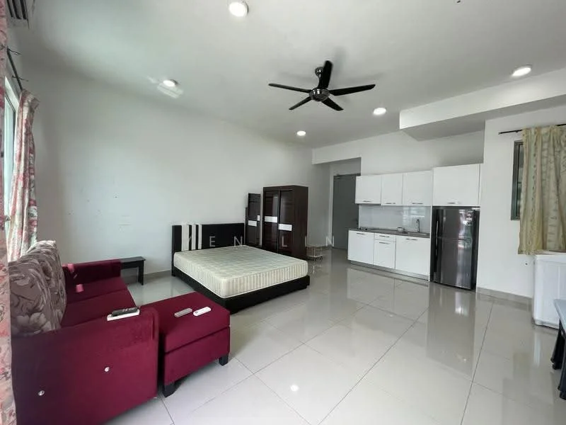 Living features: red fabric sofa, 3-seater sofa, queen-size bed, wooden wardrobe, white cabinetry, stainless-steel fridge, ceramic tile flooring, recessed downlights, ceiling fan, large windows with sheer curtains; style: modern.