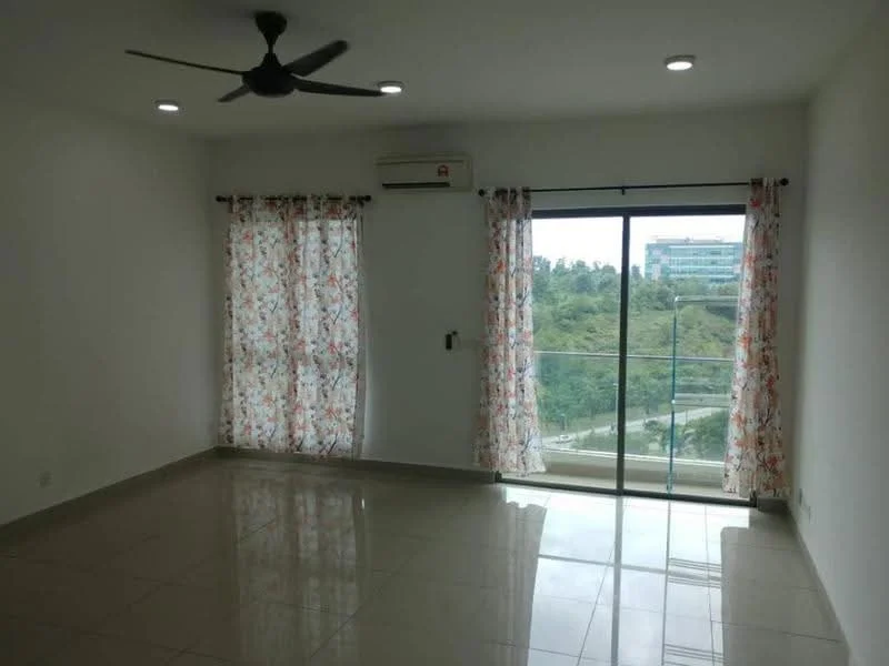 Living features: white painted walls, glossy ceramic tile flooring, 5-blade ceiling fan with light, floor-to-ceiling sliding glass door, sheer curtains with floral pattern, air conditioning unit, recessed LED downlights; style: modern; view: garden.