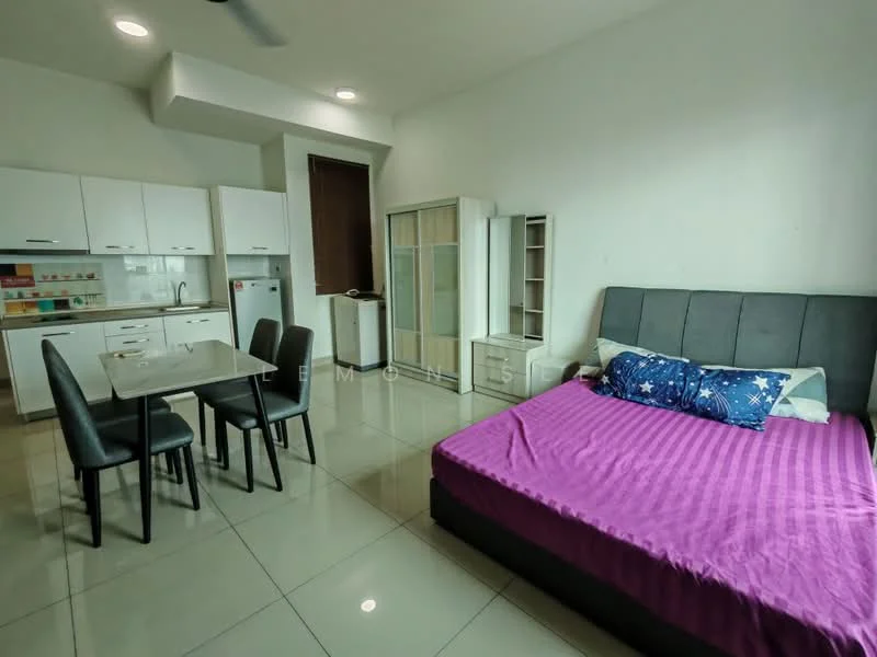Room features: queen-size bed with grey upholstered headboard, purple bedspread, white walls, glossy tile flooring, dining table for four with black legs, white kitchen cabinets, stainless-steel fridge, built-in wardrobe, ceiling fan, recessed downlights; style: modern.