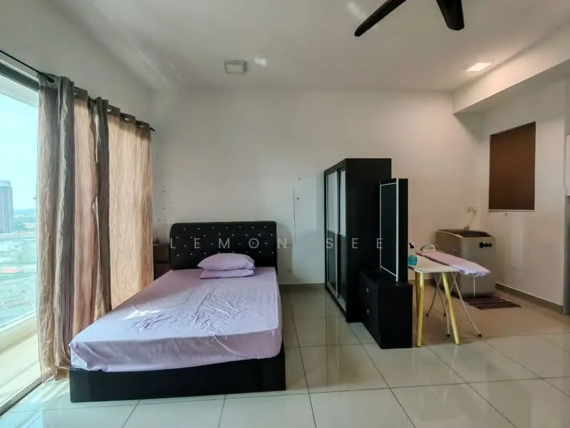 Bedroom features: queen-size bed with black upholstered headboard, purple bed linen, floor-to-ceiling windows, city view, white painted walls, glossy tile flooring, ceiling fan, built-in wardrobe with sliding doors, ironing board, small side table; style: modern; view: city.
