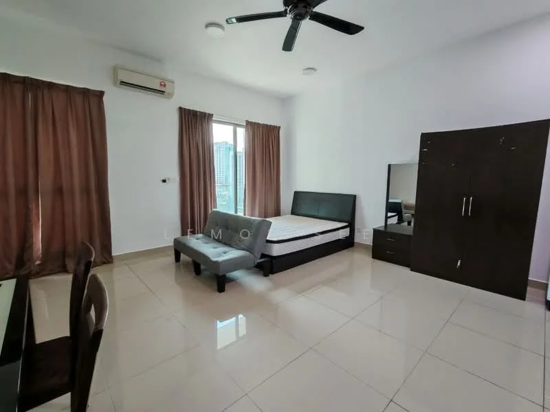 Bedroom features: queen-size bed, upholstered headboard, 2 bedside lamps, wooden wardrobe, mirror on furniture, study desk, chair, floor-to-ceiling window, brown curtains, wall-mounted split AC, polished tile flooring, ceiling fan; style: modern; view: city.