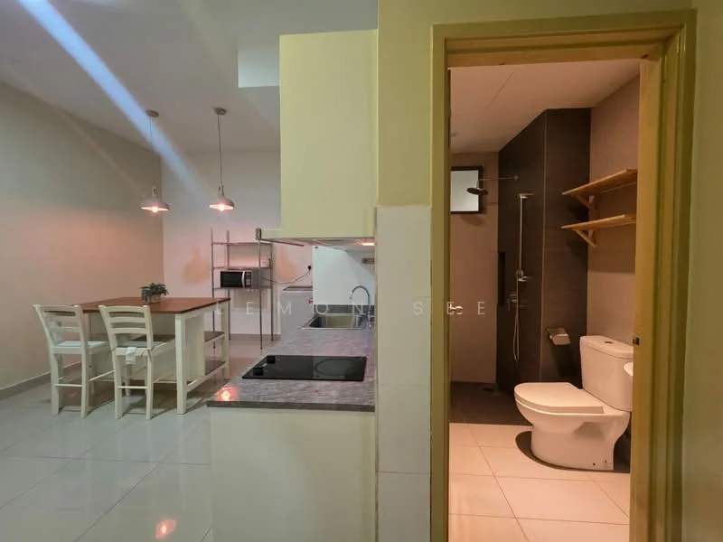 Kitchen features: grey granite countertop, single-bowl stainless-steel sink, chrome pull-down faucet, built-in electric stove, microwave, white cabinetry, open shelving, recessed downlights; style: modern. Dining features: 4-seater dining table, white wooden chairs; style: modern. Bathroom features: one-piece toilet, walk-in shower with glass enclosure, chrome basin mixer, wooden shelving; style: modern.