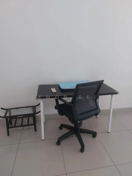 Study features: black desk, office chair with wheels, light blue laptop, white wall, grey tiled flooring, small wooden stool; style: minimalist.