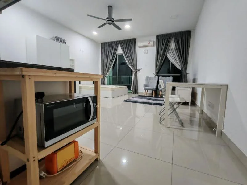 Living features: grey fabric armchair, white coffee table, white side table, microwave, ceiling fan with light, floor-to-ceiling windows, curtains in grey, white tiled flooring, wall clock, air conditioning unit; style: modern.