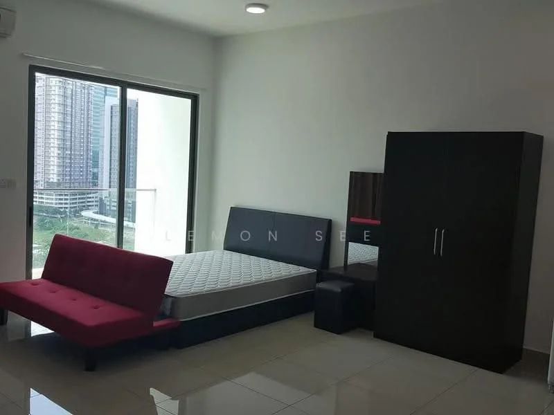 Bedroom features: queen-size bed, upholstered headboard, red fabric sofa, black wardrobe, black bedside table, floor-to-ceiling windows, city view, white painted walls, tile flooring, recessed downlights, air conditioning unit; style: modern; view: city.