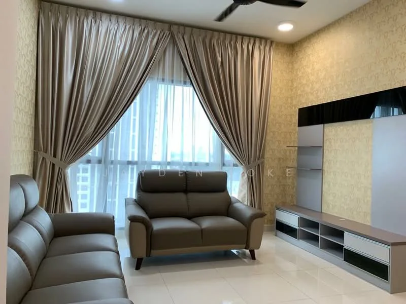 Living features: 3-seater leather sofa in grey, floor-to-ceiling windows, sheer curtains, recessed downlights, wall-mounted TV console, decorative wall with patterned wallpaper, glossy tile flooring, ceiling fan; style: modern; view: city.