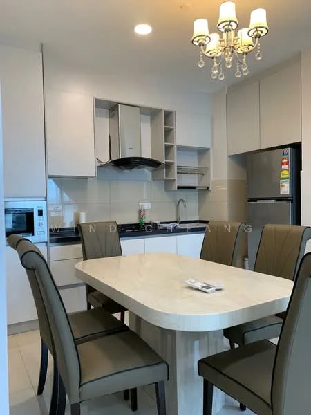 Kitchen features: white cabinetry, black countertop, stainless-steel sink, chrome pull-down faucet, built-in oven, microwave, stainless-steel range hood, 4-burner gas hob, dining table with beige chairs, recessed downlights, chandelier, ceramic tile flooring, wall-mounted refrigerator; style: modern.
