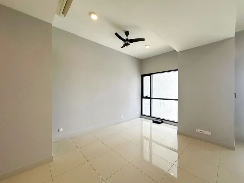 Living features: grey painted walls, white ceiling, 5-blade ceiling fan with light, recessed downlights, large sliding glass door, floor-to-ceiling windows, white tiled flooring, corner view; style: modern.