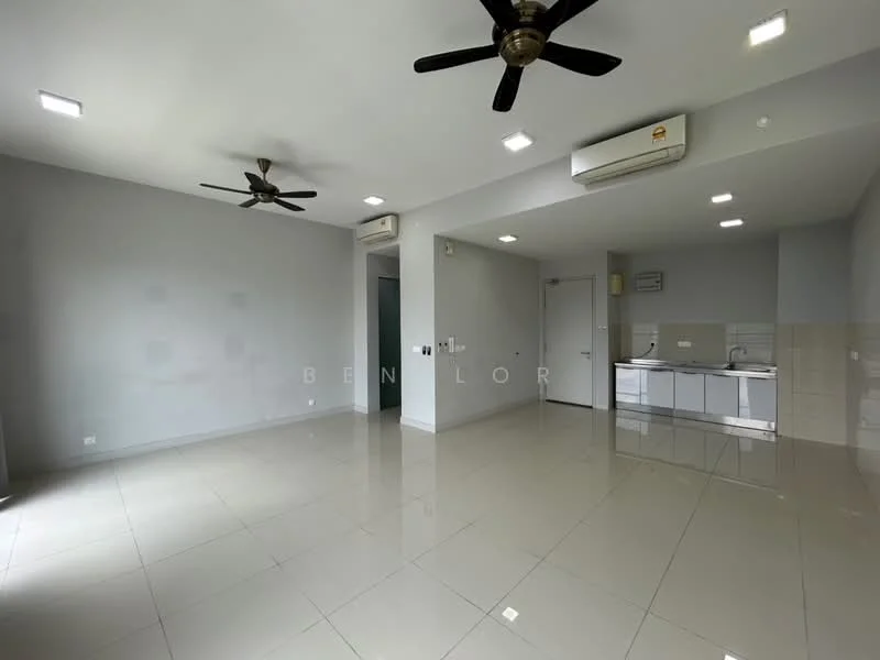 Living features: grey painted walls, polished ceramic tile flooring, 2 ceiling fans, recessed LED downlights, wall-mounted air conditioning unit, open kitchen area, kitchen cabinetry, stainless-steel sink, countertop with backsplash; style: modern.
