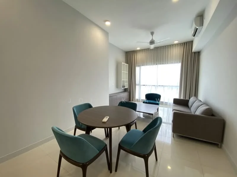 Living features: white painted walls, glossy tile flooring, 5-blade ceiling fan with light, large window with sheer curtains, sofa in grey fabric, round dining table, 4 upholstered dining chairs in teal, sideboard cabinet, recessed downlights; style: modern.