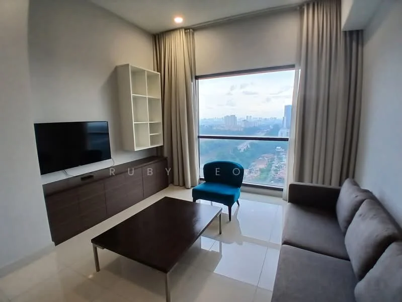 Living features: floor-to-ceiling windows, grey fabric sofa, wood coffee table, wall-mounted TV, built-in shelving unit, blue accent chair, white walls, recessed downlights, glossy tile flooring, curtains, city view; style: modern; view: city.
