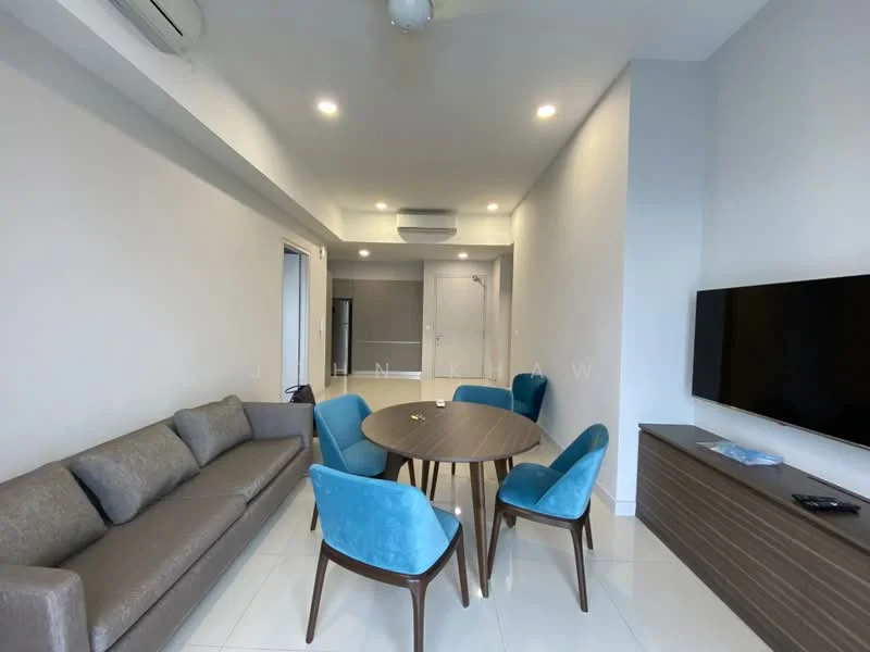 Living features: grey fabric sofa, round dining table, 4 upholstered dining chairs in blue, wall-mounted TV, wooden TV console, white painted walls, recessed downlights, white tiled flooring, ceiling fan; style: modern.