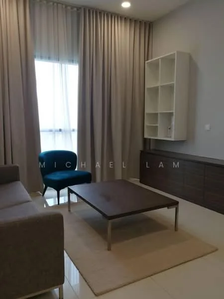 Living features: light grey fabric sofa, blue accent chair, wood coffee table, cream area rug, floor-to-ceiling windows, sheer curtains, built-in wall cabinet, dark wood console, recessed ceiling lights, neutral wall colour, tile flooring; style: modern.