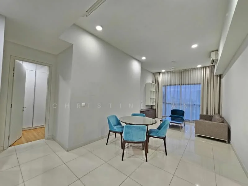 Dining features: round dining table, 4 upholstered dining chairs in blue, white walls, recessed downlights, large window with sheer curtains, tile flooring, sofa in grey fabric, built-in shelving unit, air conditioning unit; style: modern. Room features: white walls, wooden flooring, doorway leading to another room.