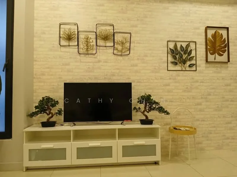 Living features: white brick accent wall, flat-panel white TV console, black flat-screen TV, decorative wall art with botanical prints, two bonsai plants on console, light-colored flooring, single white chair, decorative wall frames; style: modern.