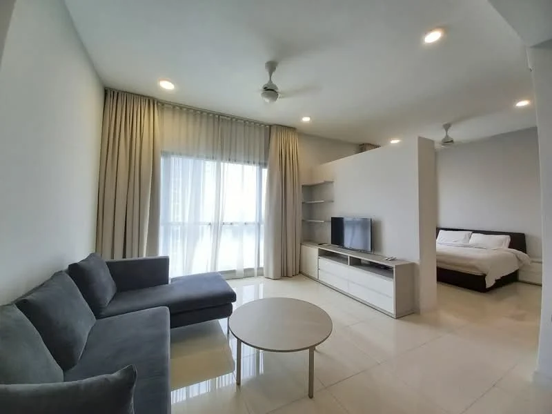 Living features: grey fabric L-shape sectional sofa, round coffee table, wall-mounted TV, white TV console, floor-to-ceiling windows, sheer curtains, recessed downlights, white painted walls, glossy tile flooring, ceiling fan; style: modern. Bedroom features: king-size bed, white bedding, nightstand, table lamp, wall-mounted shelf; style: modern.