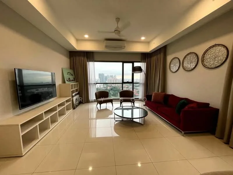 Living features: red fabric sofa, round coffee table, TV console with storage, wall-mounted flat-screen TV, floor-to-ceiling windows, curtains, ceiling fan, decorative wall art, light-colored tiled flooring, air conditioning unit; style: modern; view: city.