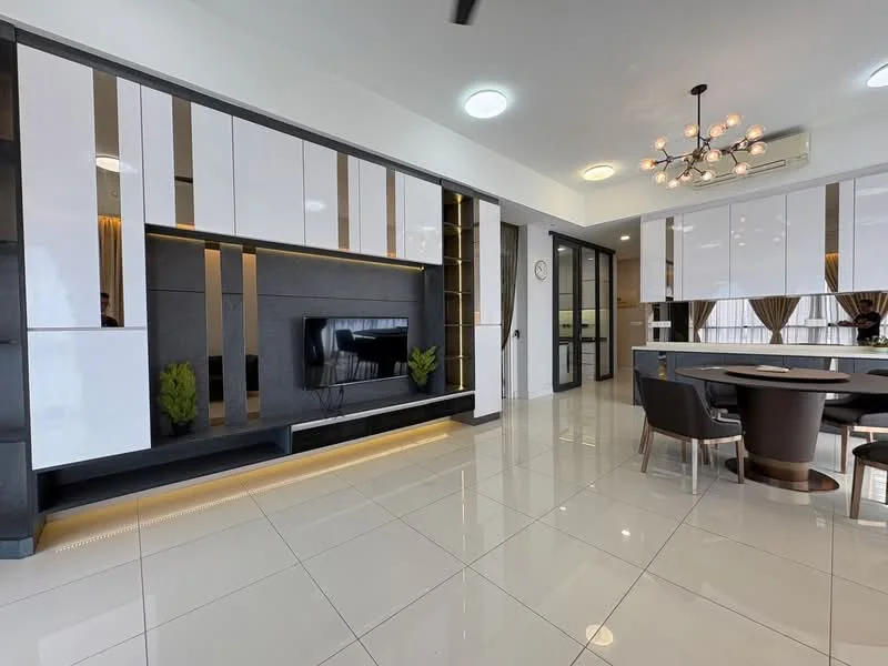 Living features: white glossy cabinetry, black accent wall, built-in TV unit, wall-mounted TV, recessed lighting, large windows with sheer curtains, round dining table, upholstered dining chairs, chandelier with multiple bulbs, polished ceramic tile flooring, air conditioning unit, decorative plants; style: modern.