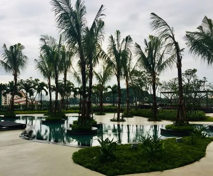 Exterior type: landscape garden; features: palm trees, manicured lawn, water features, tropical landscaping, stone-paved walkway, greenery, seating areas; style: tropical-modern.