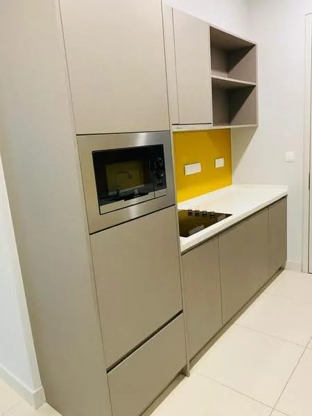 Kitchen features: light grey cabinetry, yellow backsplash, white countertop, built-in microwave, built-in oven, 4-burner gas hob, single-bowl stainless-steel sink, wall-mounted storage shelves, ceramic tile flooring, recessed downlights; style: modern.