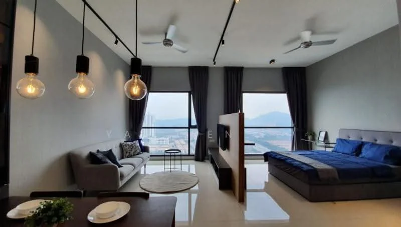 Living features: floor-to-ceiling windows, grey painted walls, white ceiling, 5-blade ceiling fan with light, 3-seater fabric sofa in grey, decorative pillows, round area rug, wooden dining table, 2 dining chairs, bed with blue bedding, upholstered headboard, nightstand, wall-mounted TV, curtains, mountain view; style: modern; view: mountain.