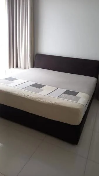 Bedroom features: king-size bed, upholstered headboard, white bedding, floor-to-ceiling windows, sheer curtains, light-coloured walls, polished tile flooring; style: modern.