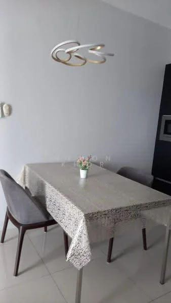 Dining features: rectangular dining table, four dining chairs, tablecloth with patterned design, decorative flower vase, pendant light fixture, white painted walls, glossy tile flooring, built-in cabinetry, wall-mounted TV; style: modern.